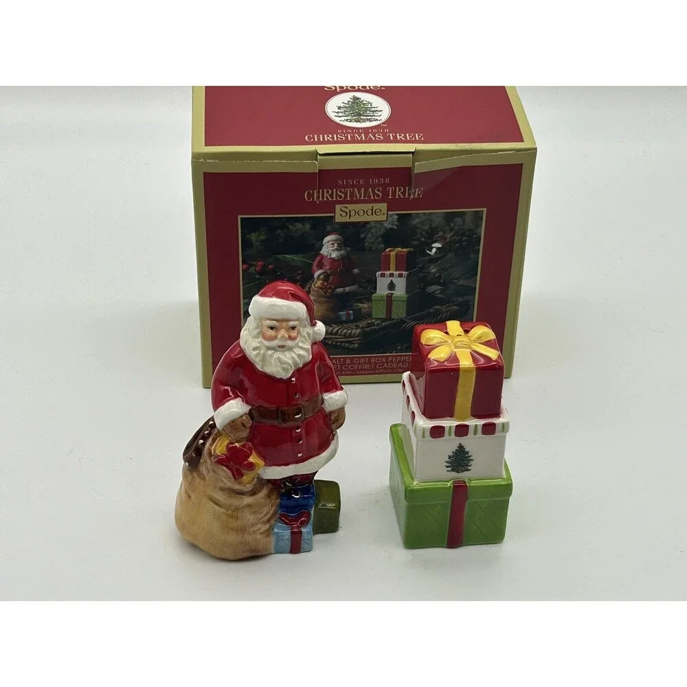 Spode Christmas Tree Santa & Gift Box Salt Pepper Shakers w/ Box Holiday